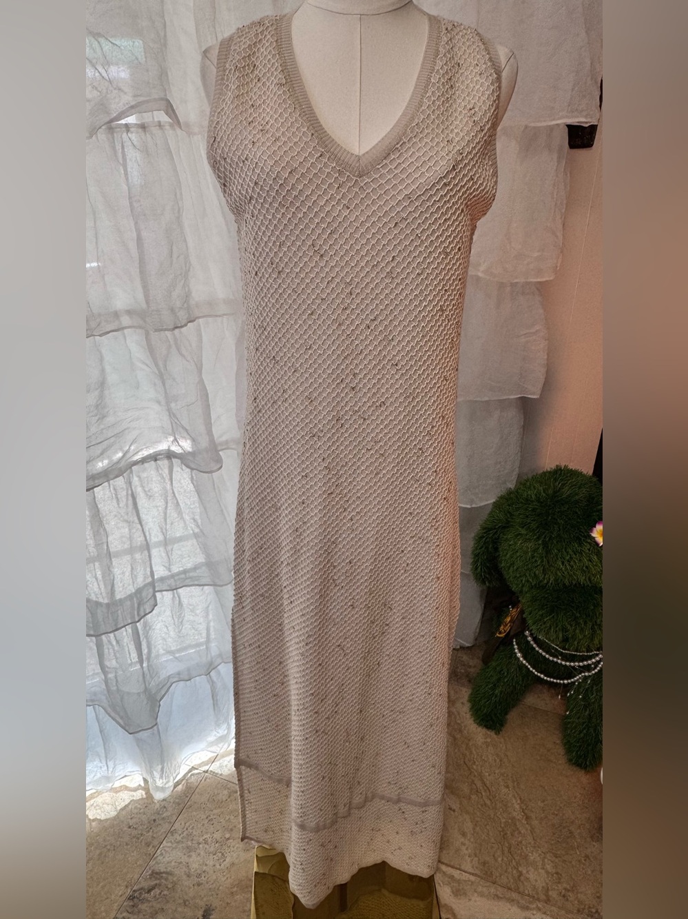 Tricot Chic Italy Metallic Knit Maxi Dress w/Slip Ivory Size 10 - Picture 5 of 16